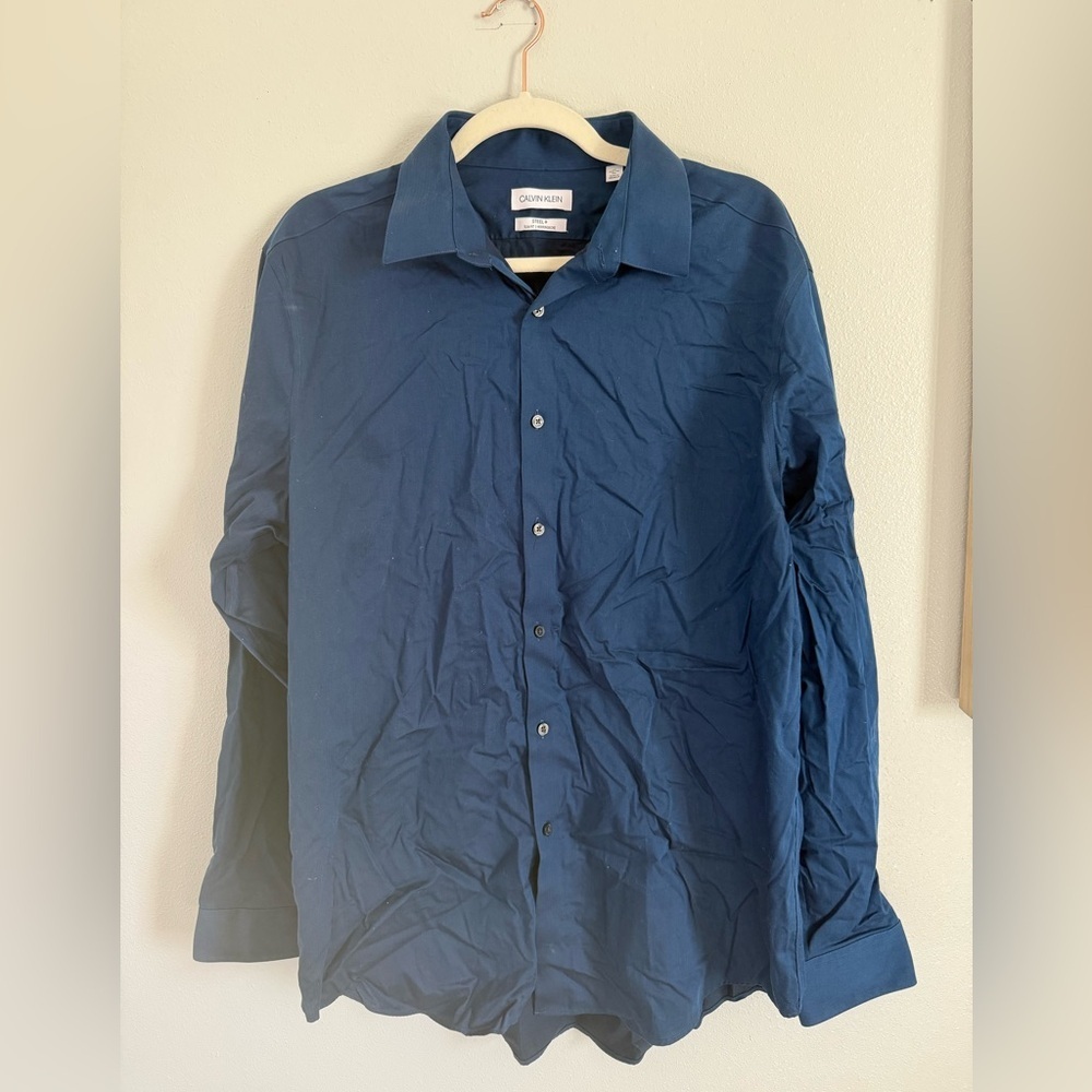 Calvin Klein Men’s Steel+ Slim Fit Herringbone Shirt - Dark Blue Size XL